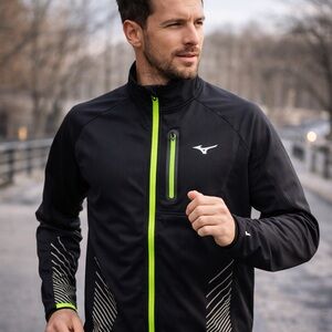 EUC Mizuno Men's Black Jacket with Neon Green Accents